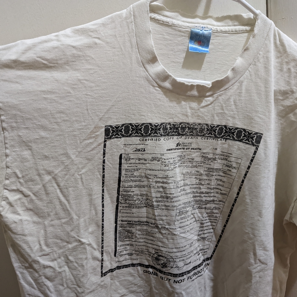 Rare Original Vintage 1994 Nirvana Kurt Cobain Death Certificate XL Tshirt